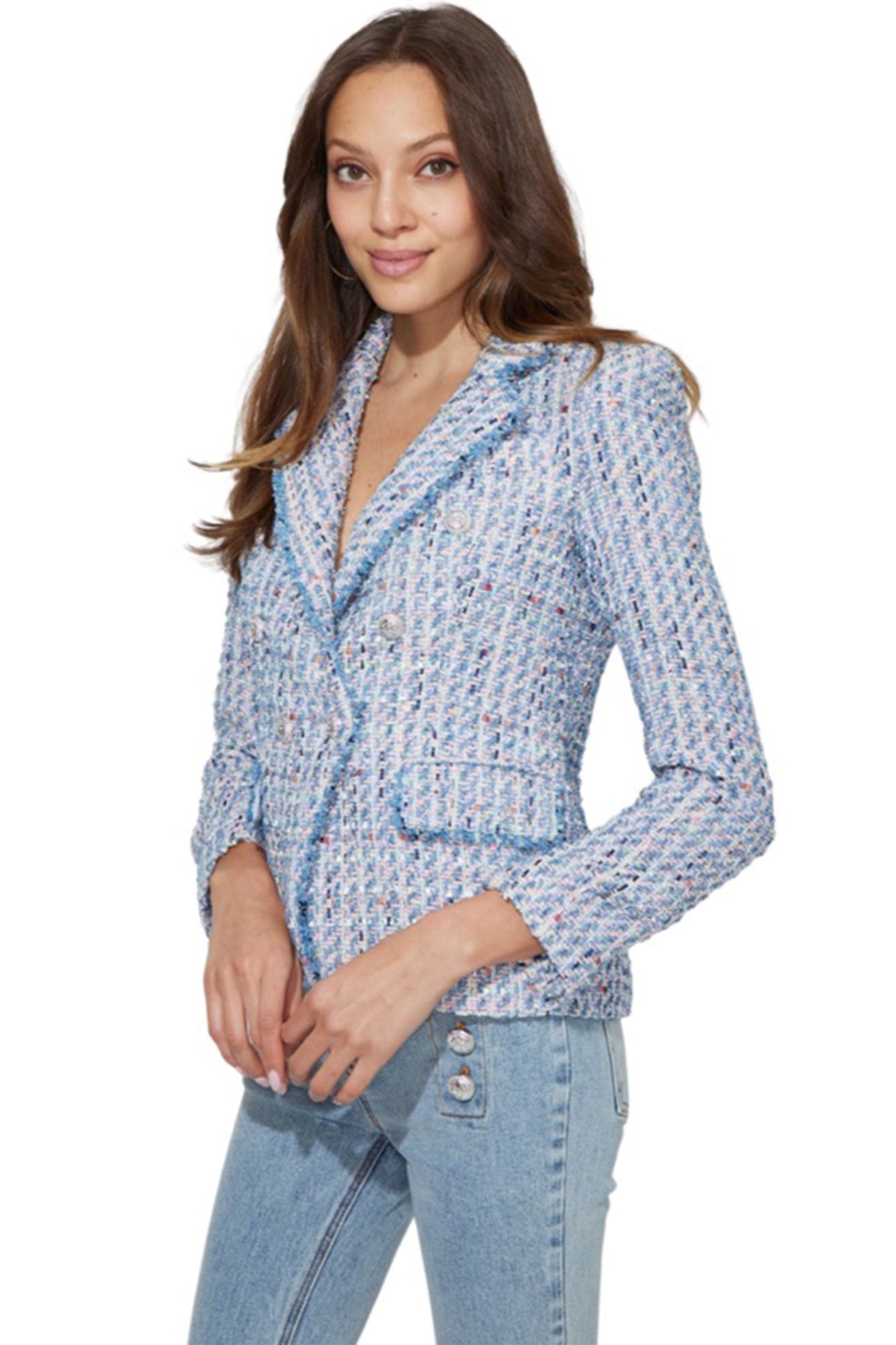 Generation Love Eliza Tweed Blazer Xxs / Pink/Light Blue