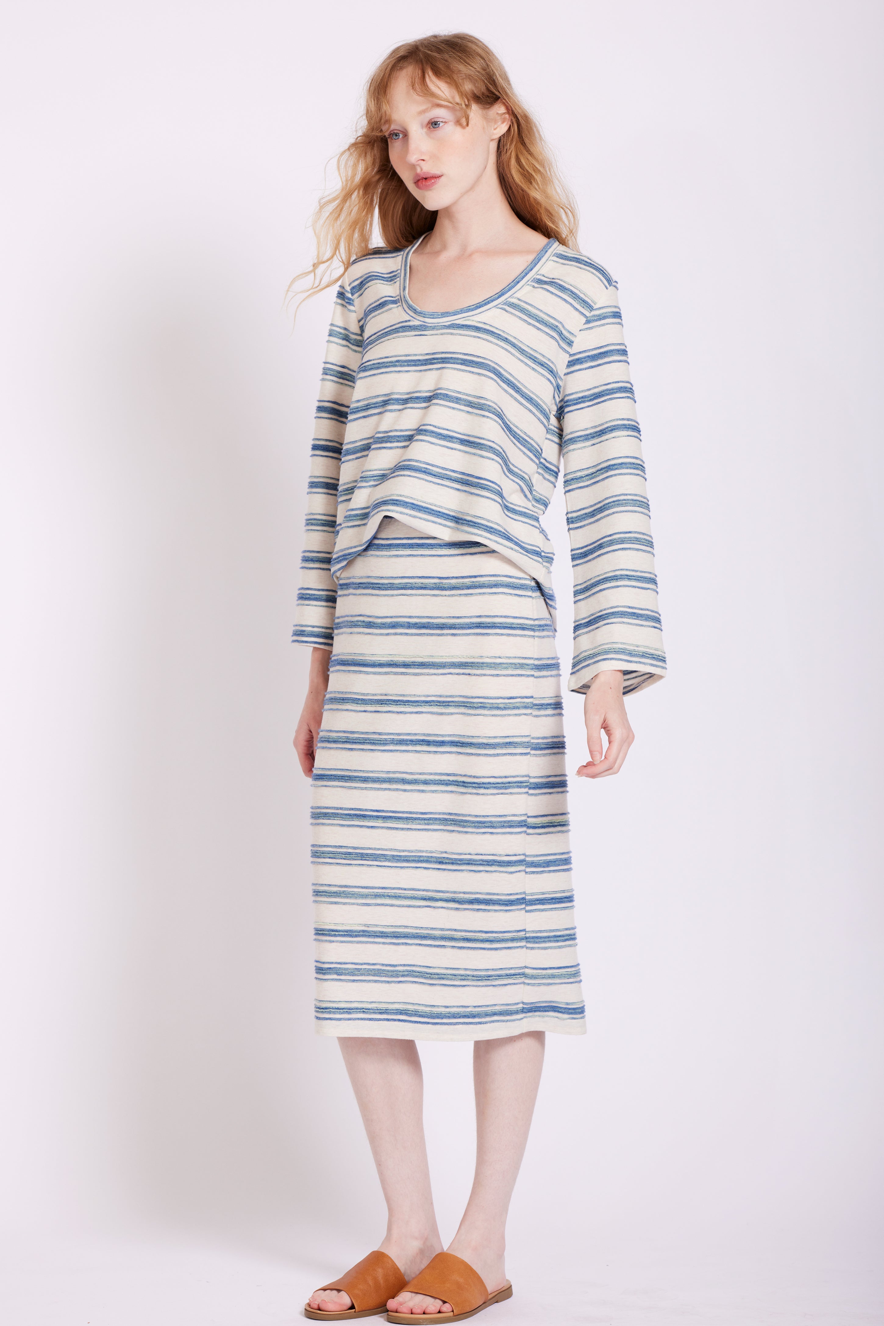 JACQUARD EMBROIDERED KNIT 3/4 SLEEVE SCOOP